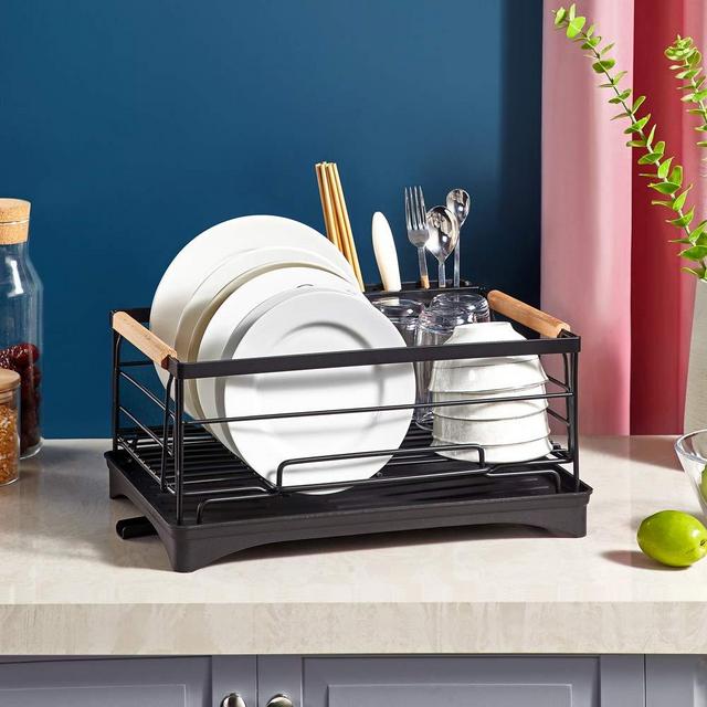 HengLiSam Kitchen Dish Drainer, Dish Rack Dish Drying Rack with Full-Mesh Storage Basket (black)
