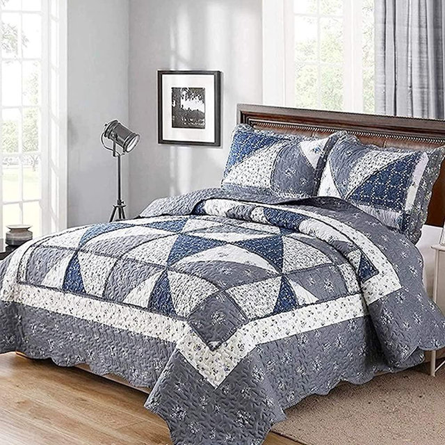 Patchwork Quilt Set Full Queen Size Quilted Bedspread Coverlet Set 3-Piece Grey Lightweight Comforter Floral Reversible Stitched Quilt Bedding Set Bed Cover Blanket with 2 Pillow Shams for All Season