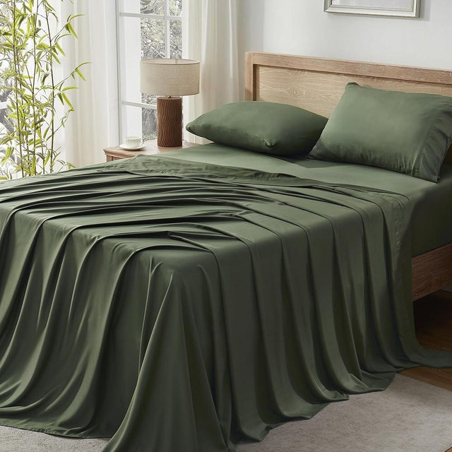 Andency Dark Olive Green California King Sheet Sets, 100% Viscose Derived from Bamboo, Cooling Sheet Set, Deep Pocket Up to 16", Silky Soft Bed Sheets, Luxury Breathable Bedding Sheets & Pillowcases