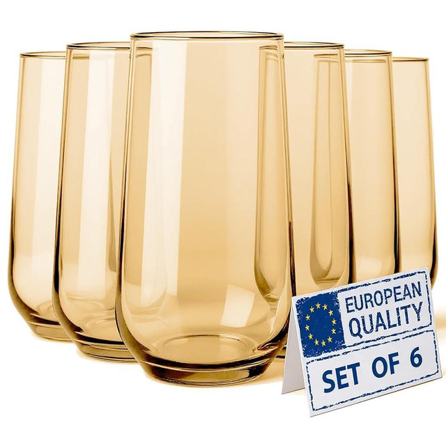 Biandeco Amber Drinking Glasses Set of 6 | 16 oz Amber Glass Cups | Highball Drinkware for Cocktails, Long Drink, Water, Mojito, Juice, Soda