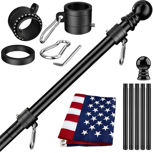 American Flag Pole Kit Made in USA,Including All 6FT 5 Section Flag Pole,3x5 FT Embroidered Stars American Flag,2 Position Flag Pole Holder And 2 Pcs 360°Rotating Anti Wrap Flag Mounting Rings(Black)