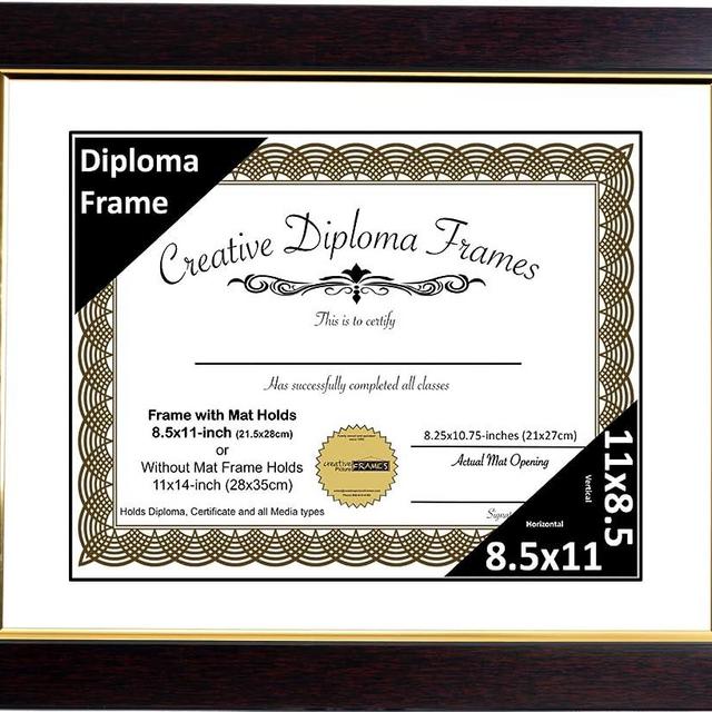 Creative Picture Frames 11" x 14" Matted Mahogany Diploma Frame Gold Lip with Black/White Core Mat Holds 8.5x11-inch Media, with Installed Hangers