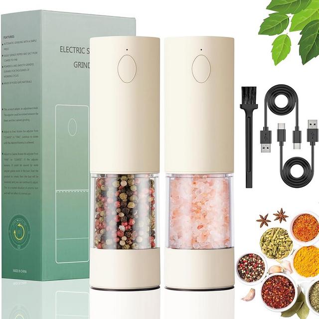 OPIIV 2 Pack Electric Salt and Pepper Grinder Set - USB Rechargeable Automatic Salt Pepper Mill Shaker with LED Light, Adjustable Coarseness, One Hand Operation