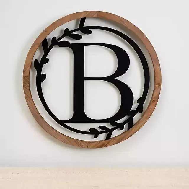 Wood and Metal Laurel Monogram B Plaque