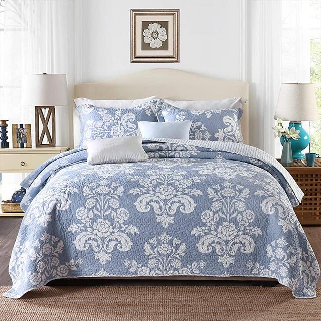 Cotton Quilts ,Quilt Set ,Oversized Queen Size Cotton Bedspread,Parsley Floral Blue Coverlet Set, Quilted Bedding Comforter Set, Reversible Lightweight Bed Quilt Bed Spreads for Full/Queen Size Bed