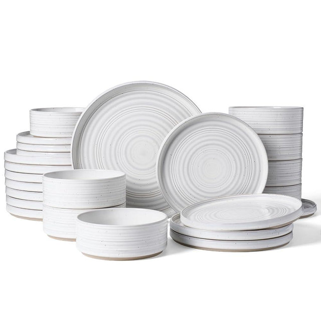 Famiware Premium Stoneware Dinnerware Dishes Set for 8, 24 Pieces Spiral Plates and Bowls Sets with Straight Rim, Speckles & Reactive Glaze - Microwave and Dishwasher Safe, White