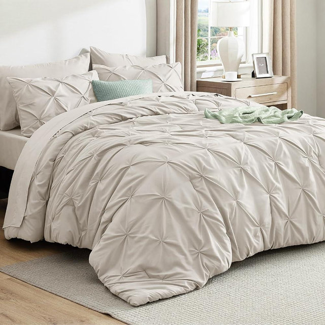 Bedsure Queen Comforter Set Linen - Bed in a Bag Queen Size 7 Pieces, GentleSoft™ Pintuck Bed Set Gift for Family, Pinch Pleat All Season Comforter with Sheets, Pillowcases & Shams