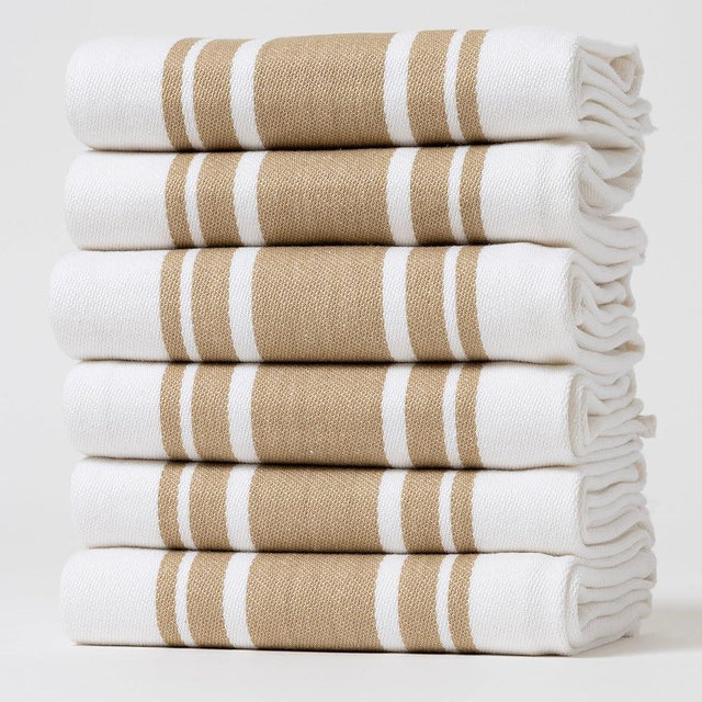 Casa De Lan Kitchen Towels Set – Pack of 6 (20’’ x 30’’) Extra Large Premium Cotton Dish Towels for Kitchen – Super Striped Towels – Highly Absorbent – 100% Cotton – with Hanging Loop – Beige
