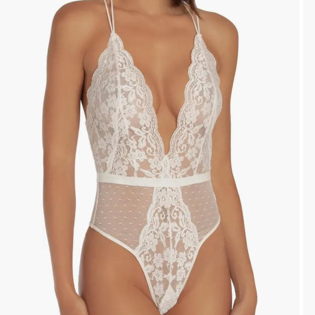 Plunge Neck Lace Thong Teddy