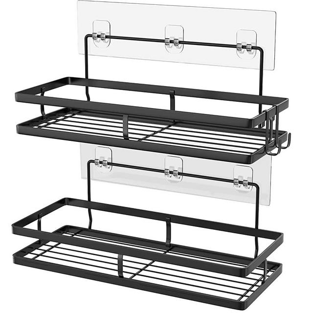 Shower Caddy Shelf Organizer 2 Pack, ANYEV Adhesive Black Bathroom Basket Shelves, No Drilling Traceless Adhesive Shower Wall Shelves, Rustproof Black Bathroom Shower Storage Organizer with Hooks