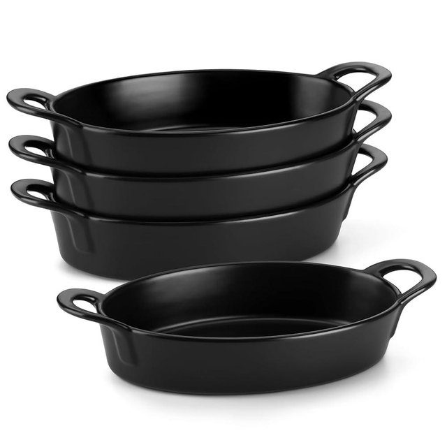 MALACASA Small Casserole Baking Dishes for Oven, Ceramic Oval Baking Dish Sets of 4, 8" x 5" Inch Au Gratin Baking Pans with Handles for Roasting, Lasagna, Pie, Baking Meat & Vegetables, Matte Black
