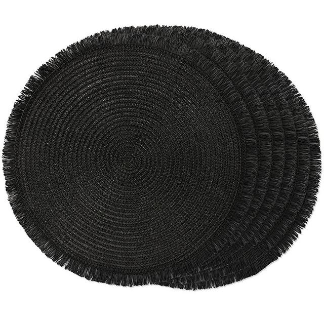 FunWheat Paper Round Braided Placemats Set of 6 for Dining Tables 15 Inch Heat Resistant Table Mats Farmhouse Woven Fabric Natural Rustic Place mats for Wedding Decoration with Tassel (Black)