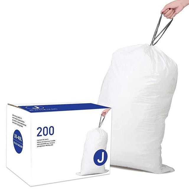 Simplelisa Code J (200 Count) 10-10.5 Gallon Heavy Duty Drawstring Plastic Trash Bags Compatible with simplehuman Code J | 1.2 Mil | White Garbage Can Liners 10-10.5 Gallon/38-40 Liter