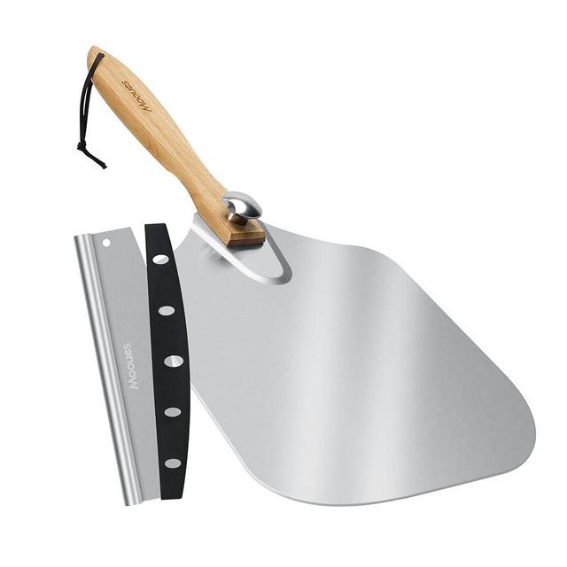 Mooues Pizza Peel Aluminum Pizza Spatula, Metal Pizza Paddle(14"x 16") with Rocker Cutter Foldable Wood Handle, [Storage bag included], for Family Pizza Oven Baking Pizza, Dough, Bread & Pastry