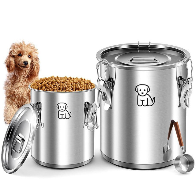 Kritkin 3 Pcs Stainless Steel Dog Food Storage Container Set 30 Lbs & 10 Lbs Combo Airtight Pet Dog Food Storage Containers with Lid and Matching Scoop Metal Dog Treat Jar for Dog Food, Cat Food