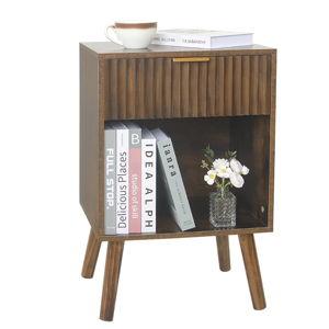 Mid Century Modern Nightstand, Wood Bedside Table with Drawer and Opening Storage, End Table Living Room Fluted Night Stand with Solid Wood Legs for Bedroom (Rustic Brown)