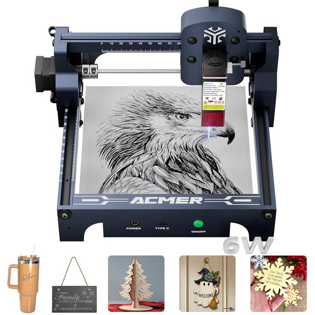 ACMER S1 Laser Engraver, 6000mW Laser Engraver Machine Higher Accuracy Lazer Cutter and Engraving Machine with Working Area 130x130mm,0.04mm Laser Spot Engraving Machines & Tools