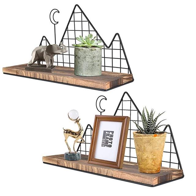 Homode Floating Shelves, Set of 2 Mountain Wall Shelves, Rustic Wood Display Storage Shelf with Metal Wire, Geometric Decor for Bathroom, Nursery, Bedroom, Office