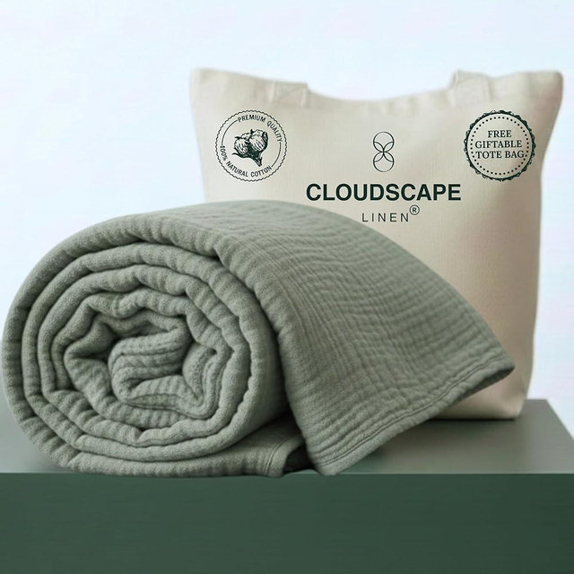 Cloud Scape Linen 100% Cotton Blanket King Size for Bed - Oversized 4 Layer 108x92 Fits Cal King Bed - Breathable, Soft, Lightweight Winter Layering Blanket, Muslin Bedding for Adults- Olive Green