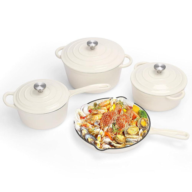 QuliMetal Nonstick Enameled Cast Iron Cookware Set, 7-Pcs Pots and Pans with Lid, Frying Pan Skillet, Sauce Pan, Healthy Round Dutch Oven Pot for Sourdough Bread Baking on All Stovetop, Cream White