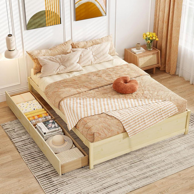 Giantex Queen Size Bed Frame with 2 Storage Drawers, Solid Wood Platform Bed with Slats Support, Heavy Duty Daybed with Storage, No Box Spring Needed, Queen Bed Frames for Teens Adults, Natural