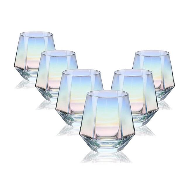 Wine Glasses Set of 6 (10 Oz), Stemless Wine Glass for Red and White Wine, Iridescent Diamond Shaped Glassware for Whiskey, Cocktail, Gift for Anniversary, Wedding, Housewarming, Birthday, CUKBLESS