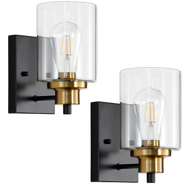 Indoor 2-Pack Wall Light Fixtures, Vintage Bath Vanity Light Fixtures Wall Lamps, Black and Gold Finish Farmhouse Bathroom Wall Sconces Light with Clear Glass Shade Porch Lighting for House