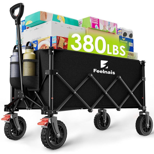 180L Collapsible Wagon with Wheels, Feelnais Folding Wagon Cart with Adjustable Handle, Foldable Utility Wagon for Grocery Shopping Camping Outdoor Sports Beach Garden