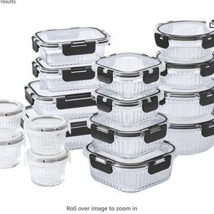 COOK WITH COLOR Premium 32-Pc. Borosilicate Glass Food Container Set with Dividers - 4 Rectangles, 8 Rounds, 4 Squares - Leakproof Lids - Meal Prep, Storage, Fluted Ombre Black