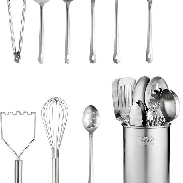 Stainless-Steel Kitchen Utensil Set - 10-piece premium Nonstick & Heat Resistant Gadgets, Turner, Spaghetti Server, Ladle, Serving Spoons, Whisk, Tongs, Potato Masher & Utensil Holder