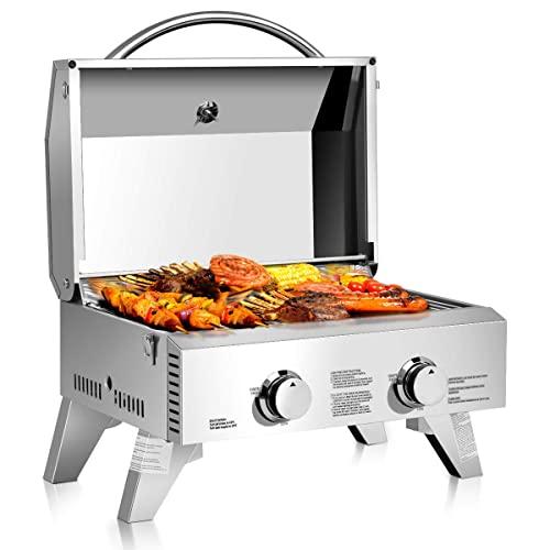 Giantex Propane Tabletop Gas Grill Stainless Steel Two-Burner BBQ, with Foldable Leg, 20000 BTU, Perfect for Camping, Picnics or Any Outdoor Use, 22” x 18” x 15”, Silver