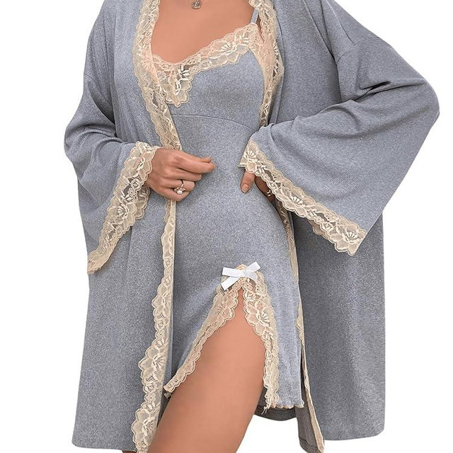 OYOANGLE Women's 2 Piece Robe Set Lace Trim Cami Nightgown and Long Sleeve Kimono Pajama Sets