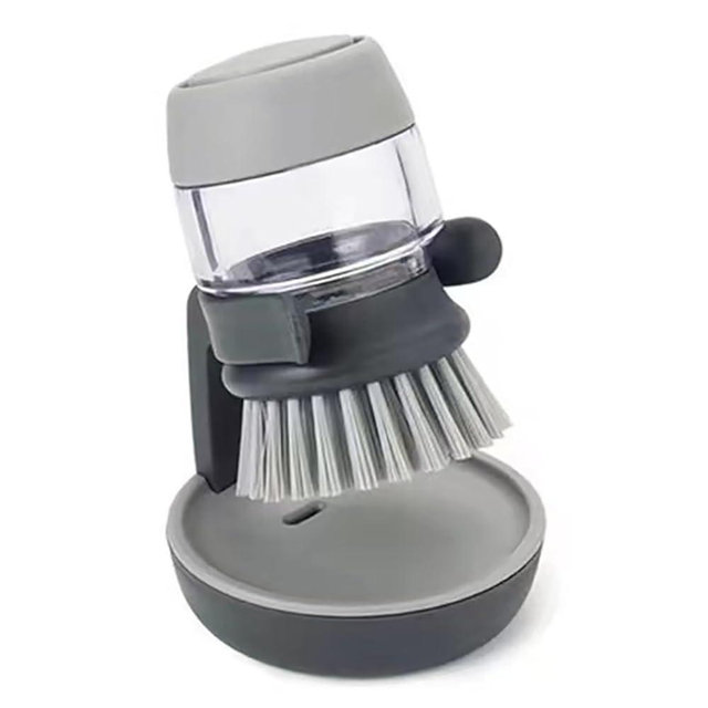 Dish Brush with Soap Dispenser, Dishwashing Kitchen Scrub Brushes Dish Scrubber with Holder Drip Tray, for Cleaning Pan, Pot, Sink(Grey)
