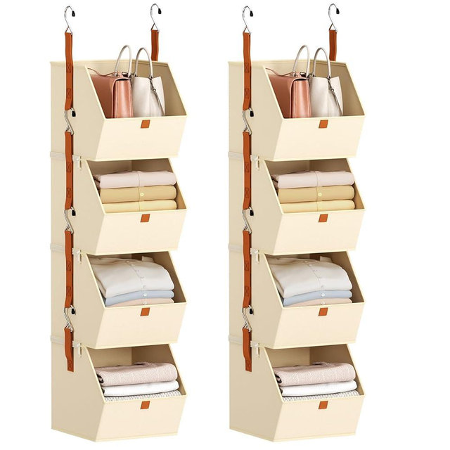 Homsorout Hanging Closet Organizer 4 Tier - Clothes Hanging Shelves, Space-Saving Closet System, Fabric Storage Bins Bedroom Organization, Collapsible Baskets for Home, Dorm, Rv, Beige, 8 Pack