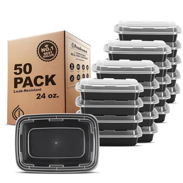 Freshware Meal Prep Containers [50 Pack] 1 Compartment with Lids, Food Storage Containers, Bento Box, BPA Free, Stackable, Microwave/Dishwasher/Freezer Safe (24 oz)