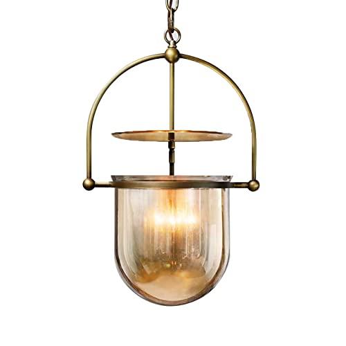 LAKIQ Vintage Hanging Pendant Lighting Fixture 3 Lights Amber Glass Chandelier Pendant Lamps for Foyer Dining Room Living Room Kitchen(Brass)