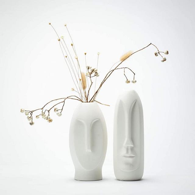 Face Vase Set 2, White Modern Vase, Ceramic Statue Human Face Vase Decor, Sculpture Decor, Fire Place Decoration, Mid Century Modern 2 Pack Vase Set