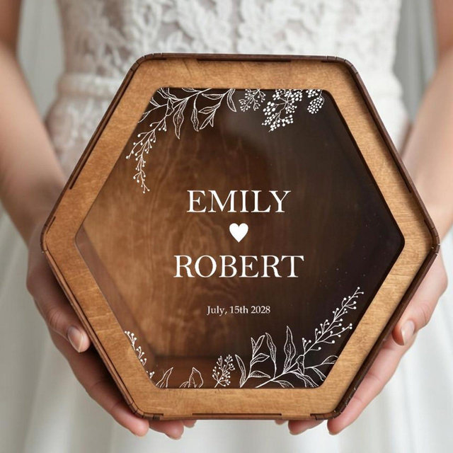 Wooden Wedding Card Box with Acryl, Personalized Hexagon Floral Card Holder, Rustic Wedding Decor, Honeymoon Fund Box