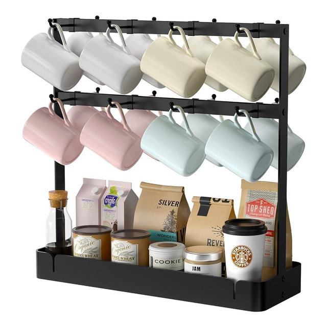 RCHYFEED Coffee Mug Holder with Movable Hooks, 2 Tier Metal Mug Tree Holder Rack Display for Countertop Stand, 16 Capacity Coffee Cups Storage Organizer for Coffee Pod Sugar Bag Tea Packet