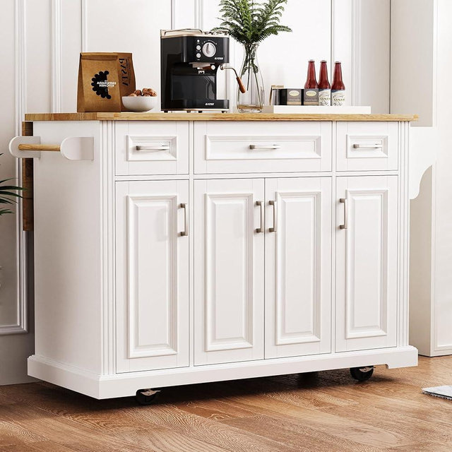 54" Large Kitchen Island with Rubber Wood Drop Leaf, Rolling Kitchen Cart with Ample Storage on 4 Wheels with 4 Doors and 3 Drawers, Moveable Island Table with Embossed Texture for Dining Room