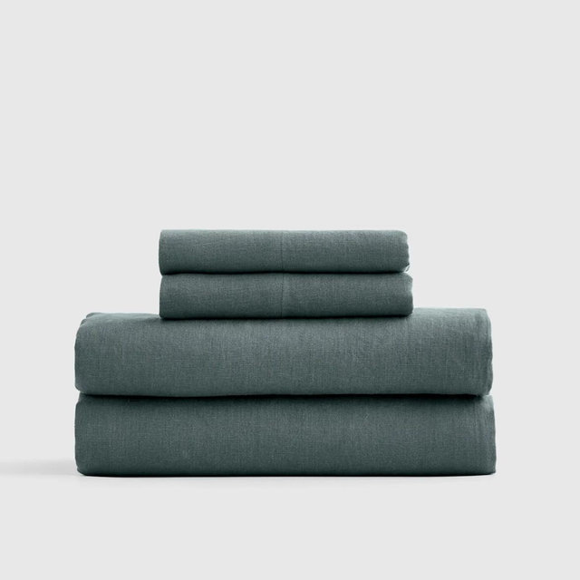 European Linen Queen Sheet Set With Flat Sheet, Ocean