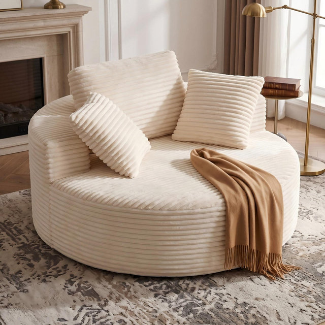 55" Oversized Round Chair Lounge Chaise, Modern Vanilla Cream Corduroy Floor Sofa Comfy Couch for Living Room & Bedroom