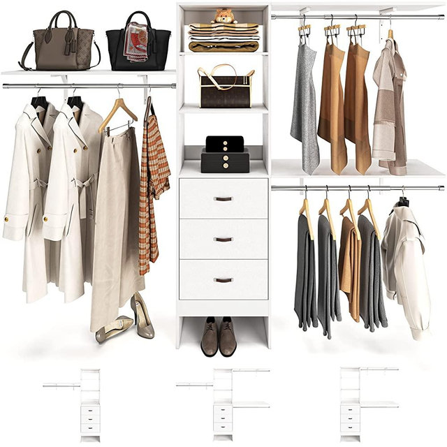 Armocity 96 Inches Closet System, 8FT Walk In Closet Organizer with 3 Shelving Towers, Heavy Duty Clothes Rack with 3 Drawers, Built-In Garment Rack, 96" L x 16" W x 75" H, Max Load 1000 LBS, White