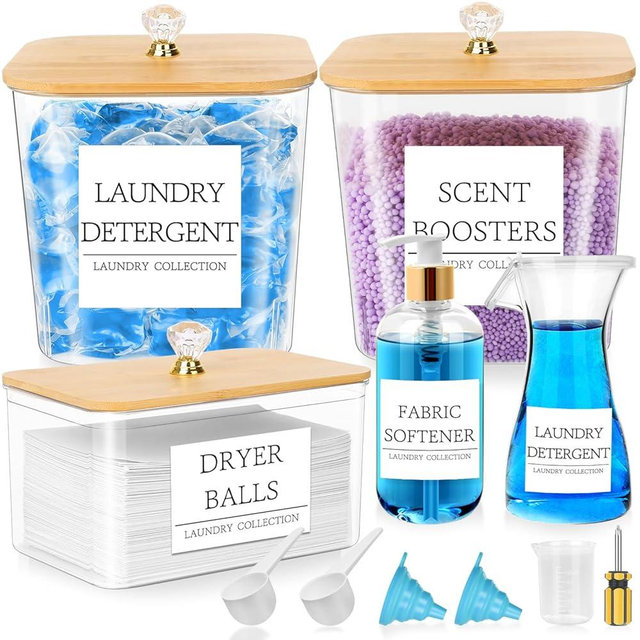Laundry Storage Containers Set - 2 Pods Container, Dryer Sheet Holder With Lids, Plastic Detergent Dispenser Bottle, Scoops for Powder, Dryer Balls, Bead, Organizing