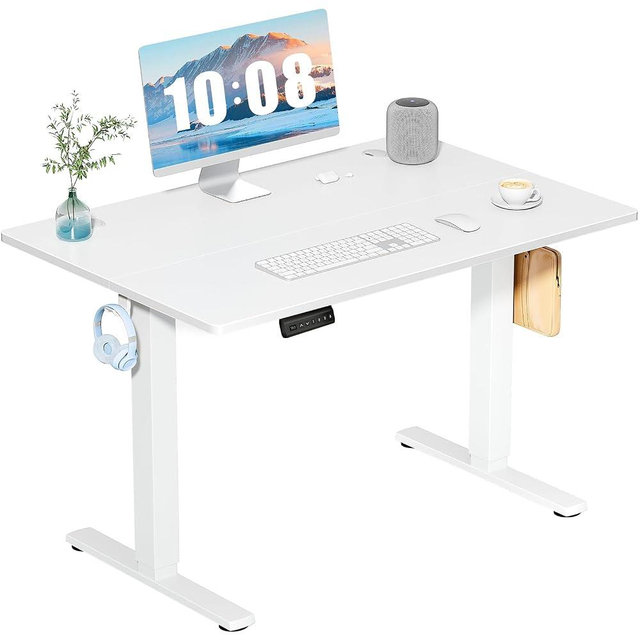 DUMOS 40 Inch Electric Standing Desk Height Adjustable, Sit to Stand Up Computer Workstations Work PC Table Home Office Study Writing Gaming Desks with Memory Presets for Walking Pad, Bedroom, White