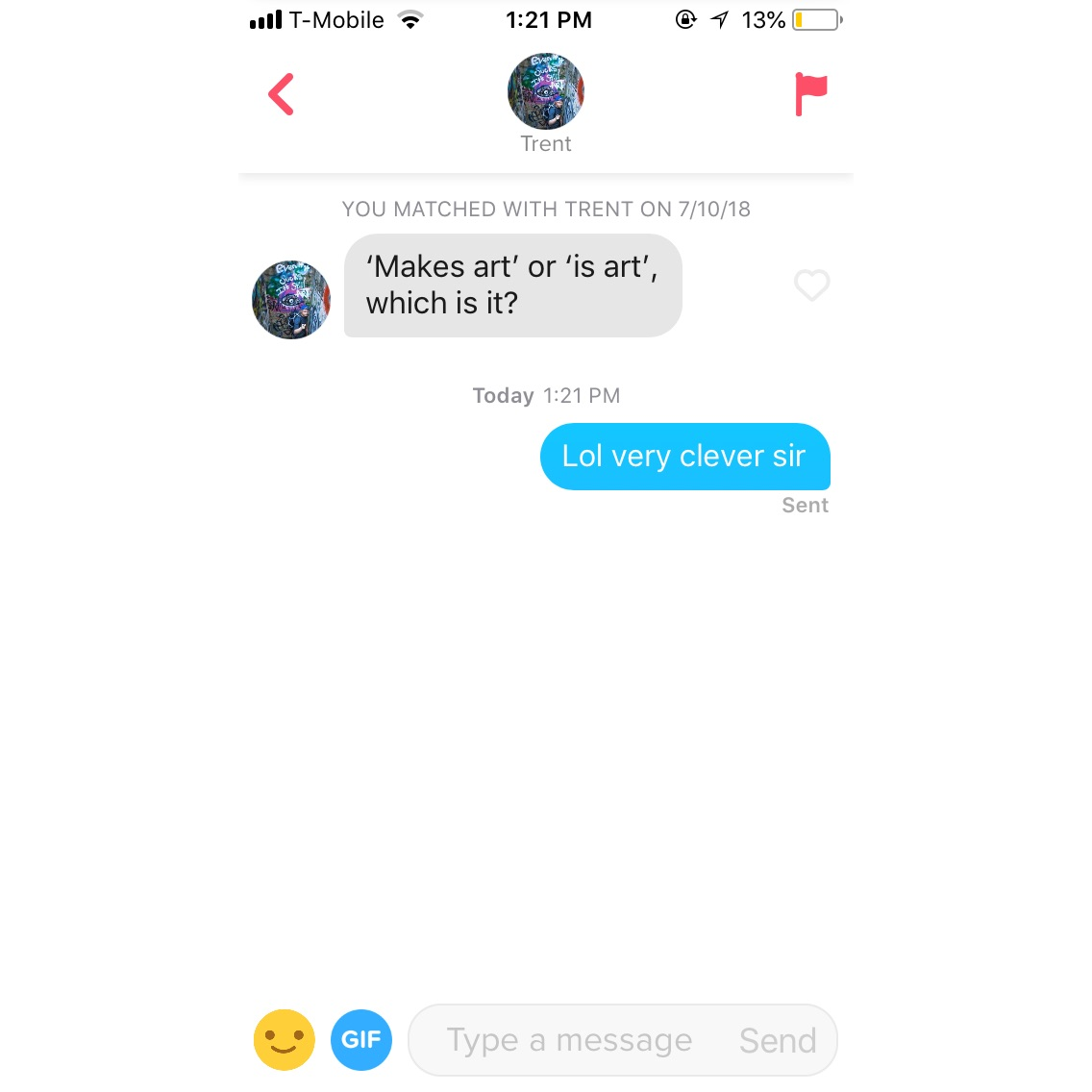 Trent's first Tinder message to Lilly
