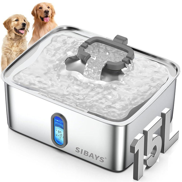 SIBAYS 4Gal/15L Dog Water Fountain for Large Dogs, Stainless Steel Large Pet Water Fountain, Ultra Quiet Automatic Dog Water Bowl Dispenser with Water Level Window and LED Light(FS78, Silver-Grey)
