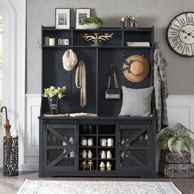 JXQTLINGMU Farmhouse Entryway Hutch with Coat Rack, 20 Shoe Cubbies & 12 Coat Hooks Wide Hall Tree with Shoe Storage Bench, Mudroom Storage Cabinet (Black)