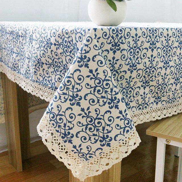 Elome 55 Inch x 87 Inch Rectangle Cotton Linen Vintage Navy Lace Tablecloth, Washable Fabric Dinner Picnic Table Cloth Home Decor Table Cover Oblong