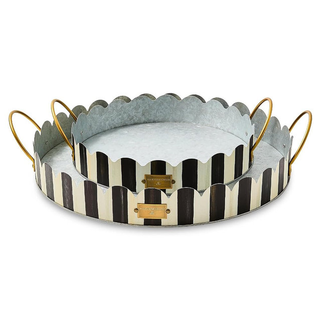 MACKENZIE-CHILDS Set of 2 Galvanized Metal Serving Trays with Handles, Black-and-White Courtly Stripe